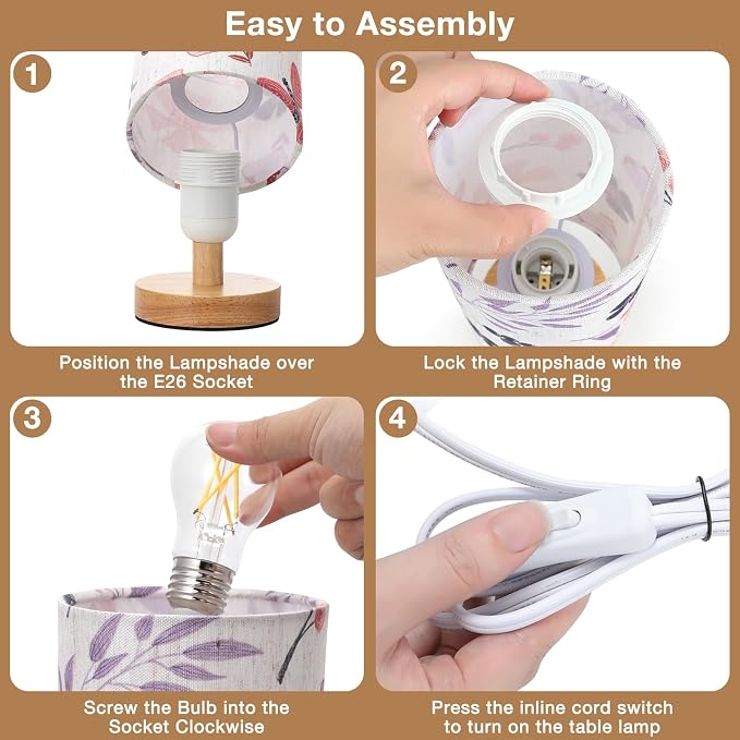 Small Table Lamps (Butterfly Cream Shade, 9" Inline Control) | 3000K LED Blub Included | 680 Lumens | Easy Assembly | Minimalist Design | E26 | for Kitchen | for Kids Room