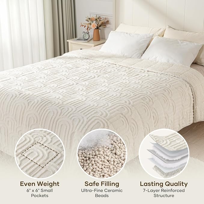 Cottonblue Weighted Blanket for Adults King Size 15lbs 80"x87" Soft Sherpa | Cozy Fleece Jacquard Weighted Blankets Throw for Sleep Calm Relax, Fuzzy Warm Arch Sofa Couch Blanket, Cream White, Washable