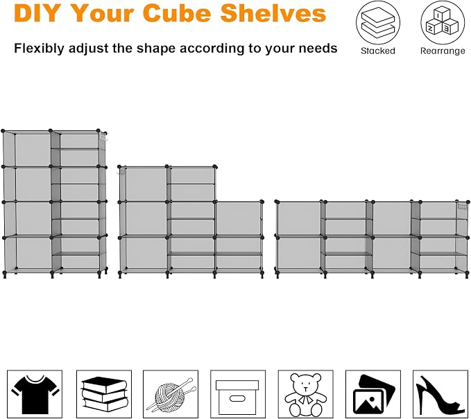AWTATOS Closet Organizer 8 Cube Storage Shelves, Grey | Closet Organizers, Clothes Storage Shelf, DIY Stackable Plastic Cubby Shelving for Closet Bedroom Living Room Office