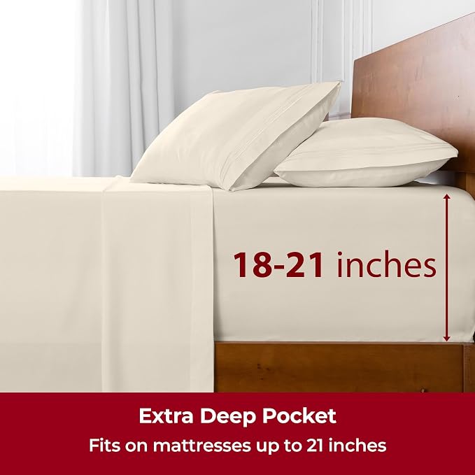 Mellanni 4-Piece Microfiber Sheet Set (Extra Deep King, Golden Ivory) | Double-brushed softness; breathable comfort; 21-in deep pocket; machine washable; OEKO-TEX(R) certified; Lifetime Promise