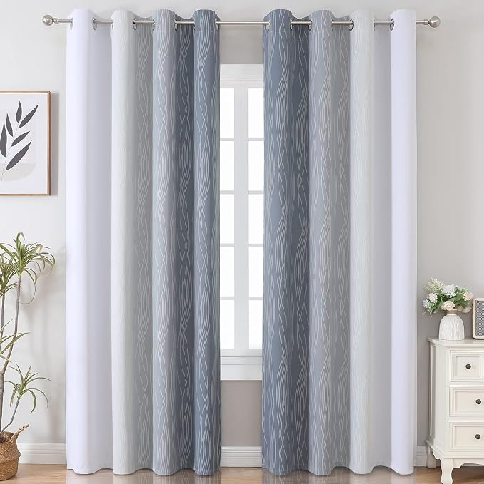 Grey and Greyish White Ombre Blackout Curtains for Living Room 84 Inch Long | Estelar Textiler Gray Light Blocking Bedroom Curtains,Room Darkening Thermal Insulated Grommet Window Drapes,52Wx84L,2 Panels