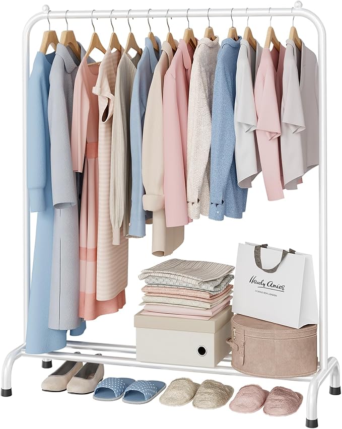 Clothing Clothes Rack with Storage Shelf, 45" L Standard Garment Rack for Hanging Clothes, Metal Portable Wardrobe Rack for Laundry Room, Bedroom, White