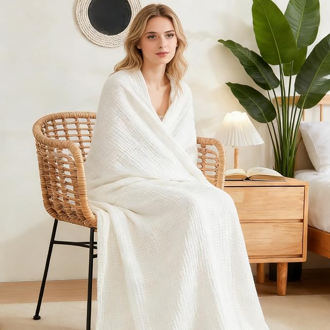EMME Muslin Blankets for Adults Throw Blanket for Couch Breathable Gauze Soft Lightweight Airy White Queen 90" x 90"