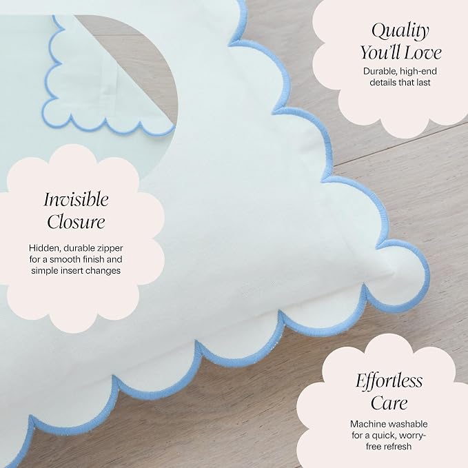 BEBE BASK Scalloped Pillow Cover Set of 2, 18x18, 100% Cotton - White/Blue | 100% Cotton, Scallop Pillow Covers, Grandmillennial Style, 18 by 18 Inch, Easy to Care, Machine Washable, Scalloped Pillows