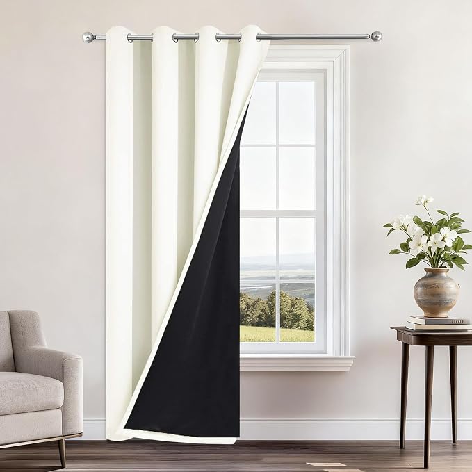 Yakamok Cream Blackout Curtains 96 Inches Long for Bedroom 52" Wide 1 Panel | Blackout Curtain Panels for Bedroom, 2 Thick Layers Grommet Top Thermal Insulated Drapes with Black Liner for Living Room
