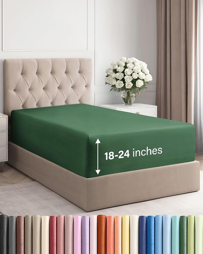 Deep Twin XL Fitted Sheet - College Dorm Room Essentials - Emerald Green | Easily Fits 18 inch to 24 inch Mattress, Wrinkle Resistant, Soft, Breathable & Comfy, Extra Deep Pockets Fitted Sheet