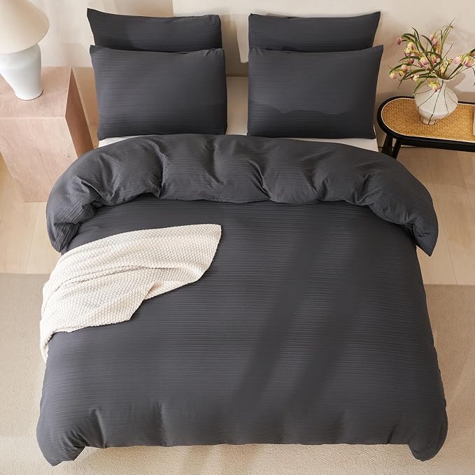 Comforter Set King Dark Grey Soft Luxury Washed Microfiber Jacquard 3 Pieces Bedding, Grey Vertical Ticking Stripes Comforter with 2 Pillowcases Breathable Durable Comfy