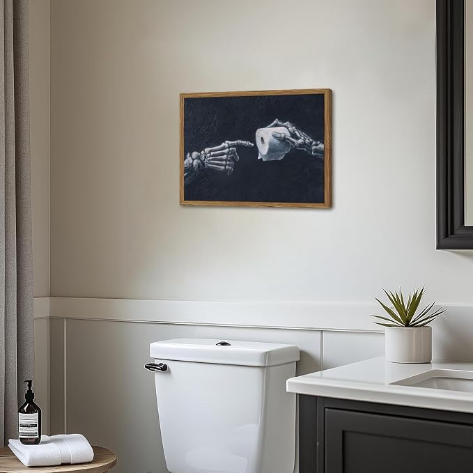 Funny Skeleton Bathroom Wall Art Gothic Skull Hand and Toilet Paper Bathroom Wall Decor Picture, Dark Academia Restroom Poster Canvas Print Painting 12x16 inch Wood Framed