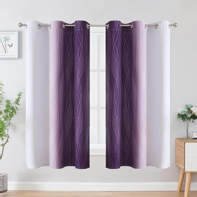 Purple and Greyish White Ombre Blackout Curtains for Bedroom 54 Inches Long | Estelar Textiler Room Darkening,Light Blocking,Thermal Insulated Grommet Short Window Drapes for Bathroom,42Wx54L,2 Panels