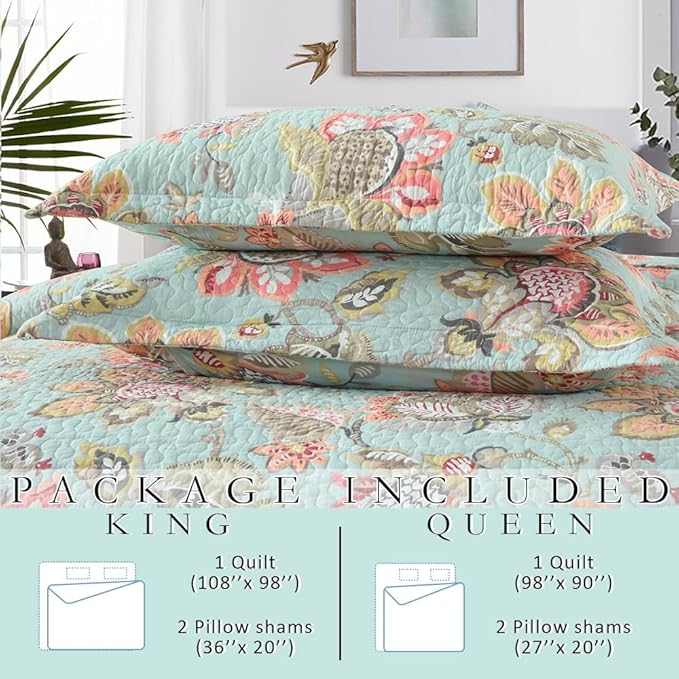 Wistown Cotton Bedspread Bedding Coverlet Quilt Sets, Reversible Vintage Branch Floral Bedspread comforters, (Vintage Floral Blue Pattern, Queen Size)