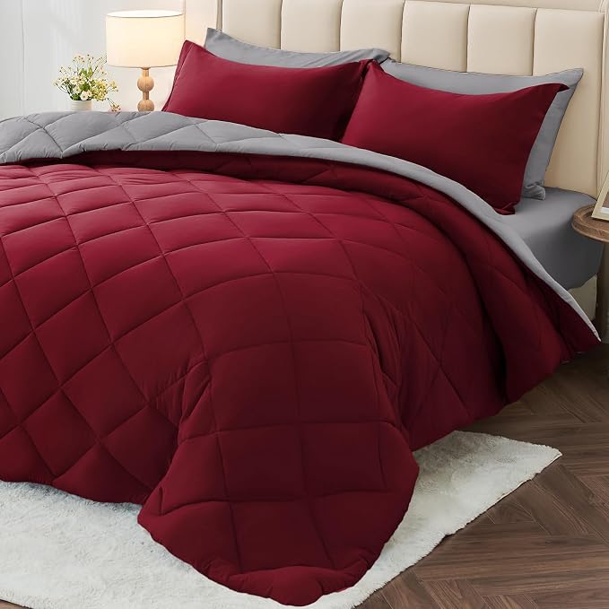 7 Pieces Oversized King Comforter Set, Reversible Bed in a Bag Oversized King Size, All Season Bedding Set with Comforter, Flat Sheet, Fitted Sheet, Pillowcases & Shams, Burgundy & Grey