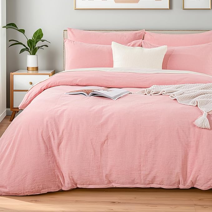 NEXHOME PRO Duvet Cover Full 100% Washed Cotton, Organic Natural Linen Like Textured, Breathable, Durable, Home Bedding Set, Heathered Pink 8090