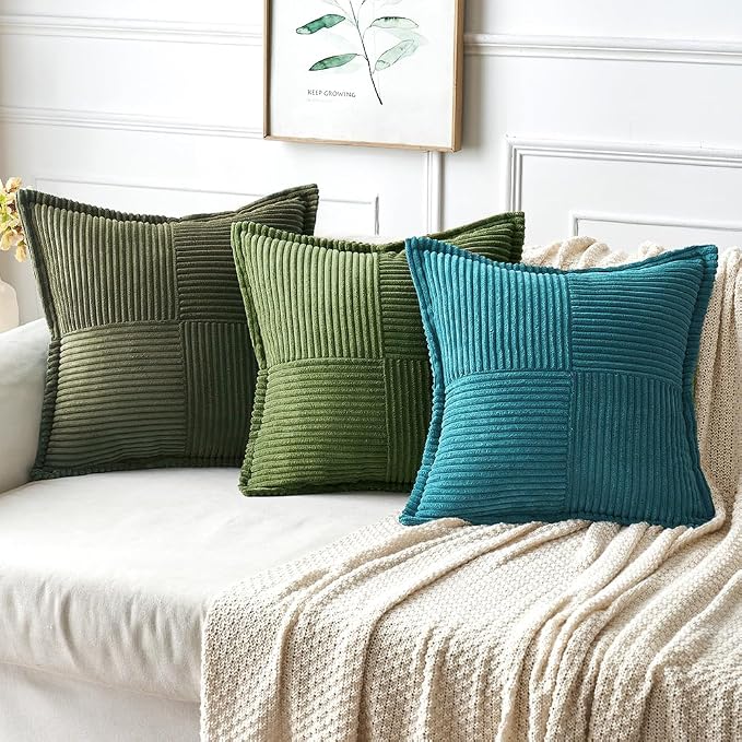 MIULEE Decorative Throw Pillow Covers for Couch 18x18 Inch Moss Green | 2 Pack, Boho Broadside Striped Patchwork Pillow Covers, Soft Corduroy Cushion Cases, For Sofa Bed Livingroom Home Decor