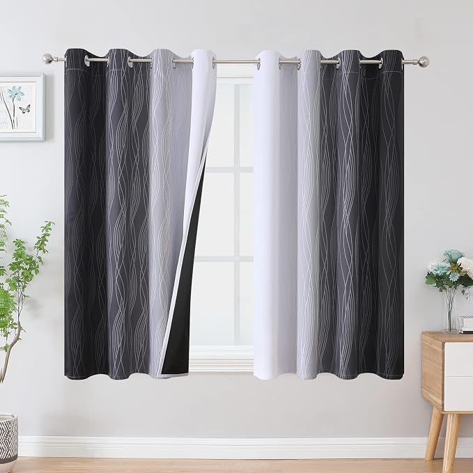 Black and Greyish White Ombre Blackout Curtains for Bedroom 52x45 Inch Long | Estelar Textiler Light Blocking Living Room Curtains, Room Darkening, Thermal Insulated Energy Saving Grommet Drapes,2 Panels
