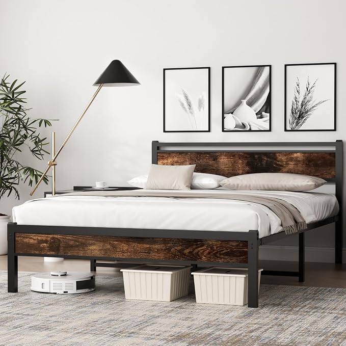 Easy Install 16 Inch Full Size Bed Frame with Headboard&Footboard | Large Under Bed Storage, No Box Spring Needed, Non-Slip Without Noise, Sturdy Steel Frame, Mattress Foundation, Brown