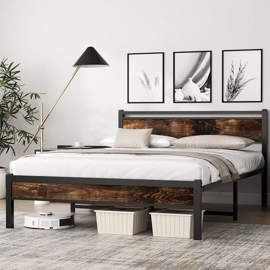 Easy Install 16 Inch Full Size Bed Frame with Headboard&Footboard | Large Under Bed Storage, No Box Spring Needed, Non-Slip Without Noise, Sturdy Steel Frame, Mattress Foundation, Brown
