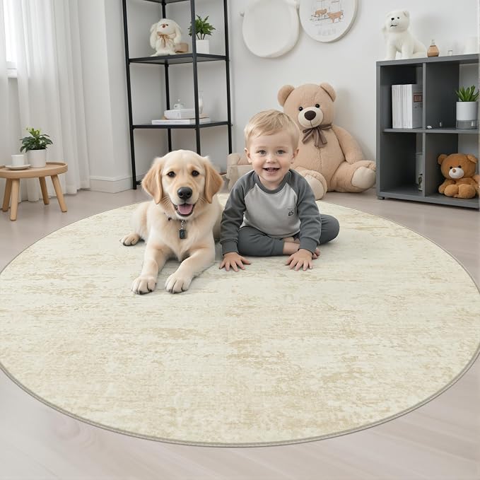 Round Area Rug Living Room: 5 ft Modern Washable Carpet Taupe | For Bedroom Dining Room Farmhouse Nursery Hallway Office,Modern Abstract,Machine washable,Non-Slip,Stain Resistant,Indoor