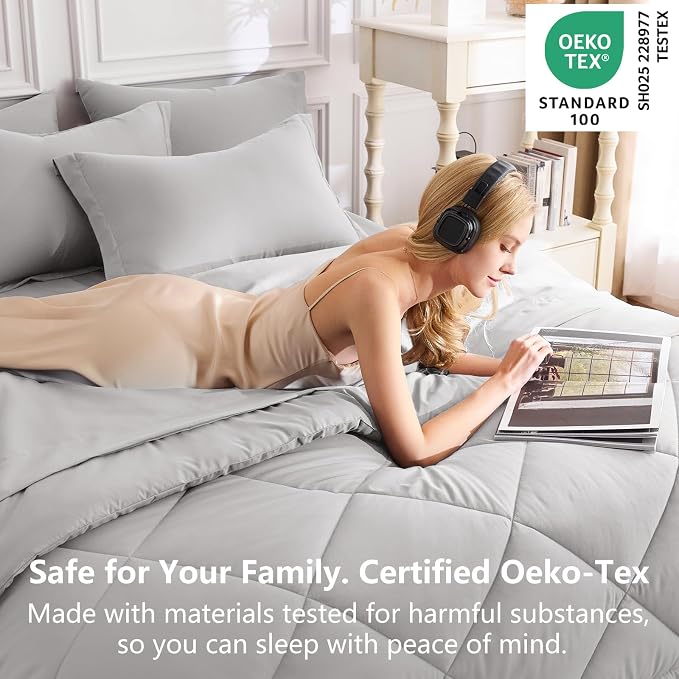 King Size Comforter Set French Grey - 7 Pieces Bed in a Bag | OEKO-TEX Certified, All Season, 240GSM Down-Alternative Comforter, Sheets, Pillowcases & Shams, 14" Deep Pocket, Easy Care