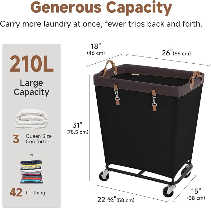 StorageWorks 210L Laundry Basket with Wheels, Rolling Hampers for Clothing | Large Black Laundry Basket with Wheels & Handles, Rolling Cart for Bedroom, Bathroom, Dorm, Hotel