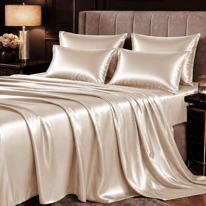 CozyLux Satin Sheets Queen, 6-Piece 14-Inch Deep Pocket Sheet Set | OEKO-TEX Certified Silky Soft Sheet Set for Hair & Skin, Luxurious Silky-Smooth Satin for Elegant Bedroom Decor, Champagne