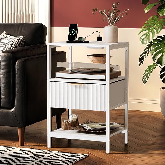 VINGLI Nightstands Set of 2 with Fabric Drawer, White Nightstands with Charging Station, Fluted Night Stand/Bedside Table, Small Night Stand for Bedroom, Bed Side Table with Charging Station, 2 pcs
