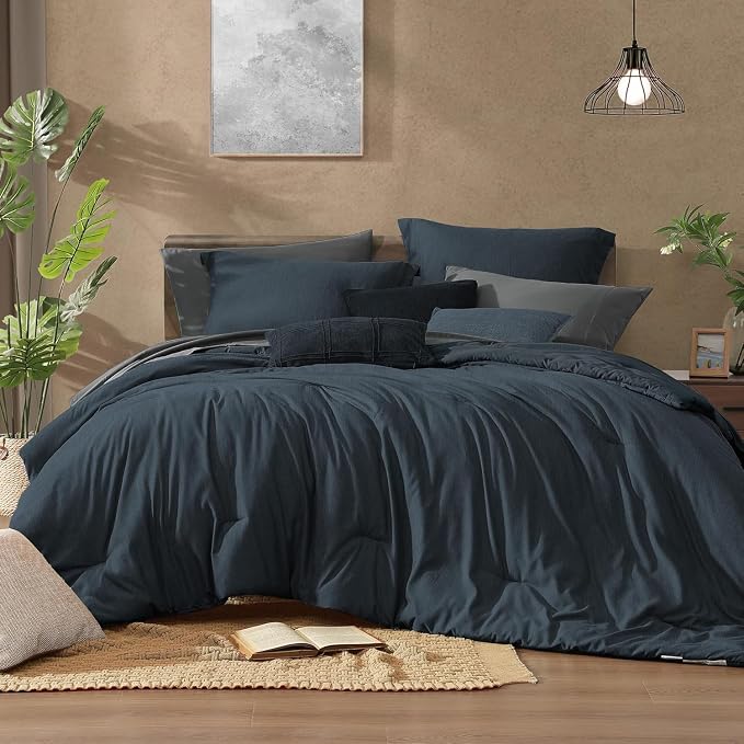 Monbix California King Size Comforter Set 7 Pieces Navy Blue Bed in a Bag | Cationic Dyeing Reversible All Season Bedding Sets with Comforter, Sheets, Pillowcases & Shams