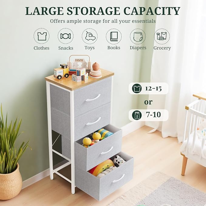 4 Drawers Dresser for Bedroom Fabric Storage Tower with Wooden Top | Steel Frame Tall Chest of Drawers for Closet, Entryway, Dorm, Light Gray