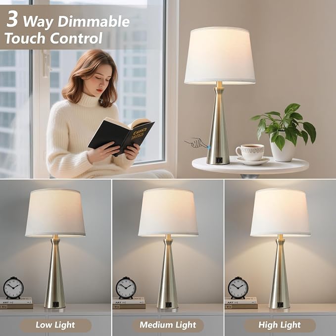 Modern Touch Lamps for Nightstand, 3 Way Dimmable Bedroom Lamp Set of 2 | USB C+A Charging Ports, Silver Bedside Lamps for Bedroom, Living Room, End Table, Bed Side, LED Bulb Included