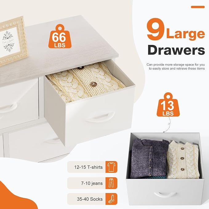 Sweetcrispy 9 Drawer Fabric Dresser Storage Tower Drawer Organizer, White | Sturdy Steel Frame with Wood-top, Easy-pull Handle, Space-Saving Organizer Chest for Bedroom, Closet, Lightweight and Stable