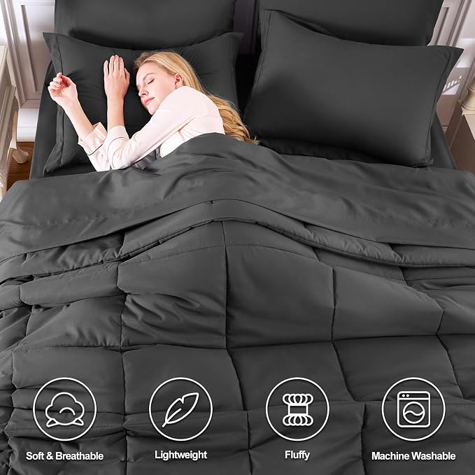 Queen Comforter Set, 7-Piece Bed in a Bag, Dark Grey | OEKO-TEX Certified, Box-Stitched Design, 240 GSM Down Alternative Fill, All-Season Comfort, Sheets, Pillowcases & Shams
