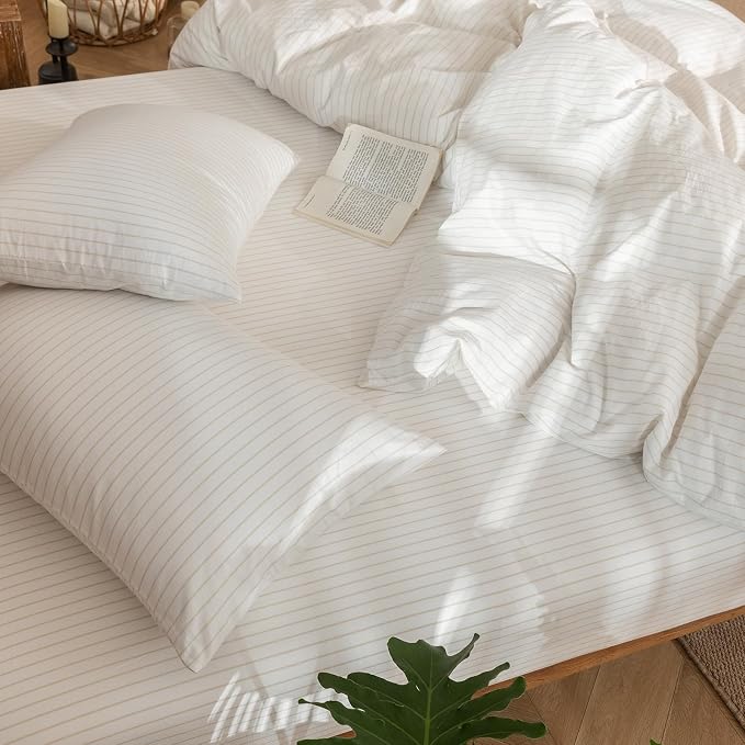 MooMee Striped Duvet Cover Set 100% Washed Cotton Linen Like Full | Relaxed Linen-like Texture. Soft, Breathable & Long-lasting Comfort. Lightweight. Hidden Zipper with 8 Interior Corner Ties