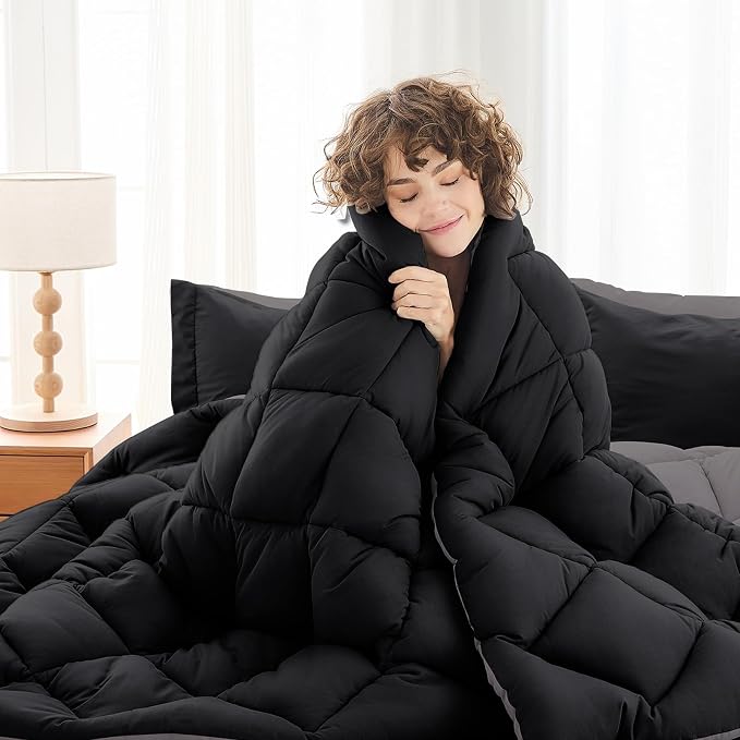 7 Pieces Oversized King Comforter Set, Reversible Bed in a Bag Oversized King Size, All Season Bedding Set with Comforter, Flat Sheet, Fitted Sheet, Pillowcases & Shams, Black & Soot