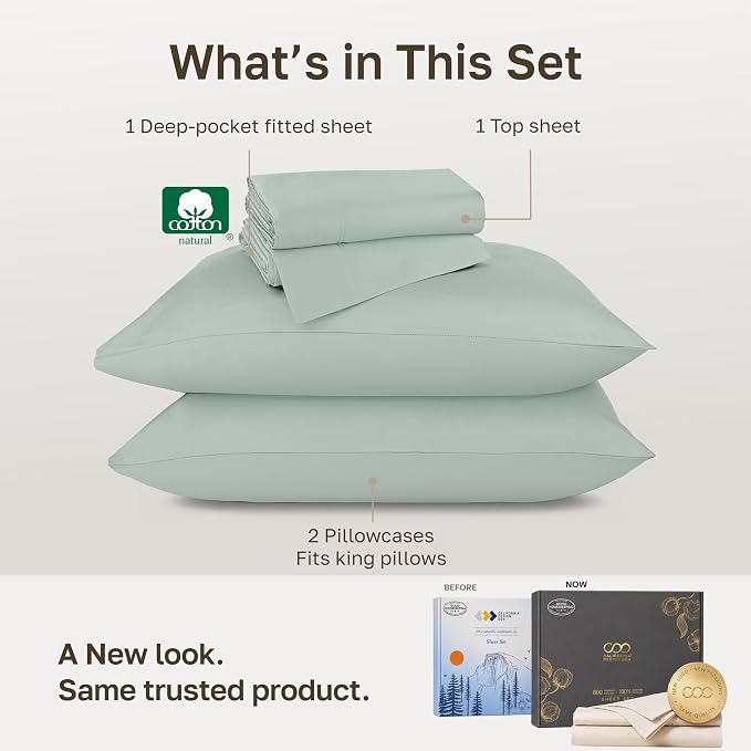 California Design Den Soft Deep Pocket California King Sheet Set - 800 Thread Count Sateen, 100% Cotton Sheets, Durable Bedding Set - Soft Celadon