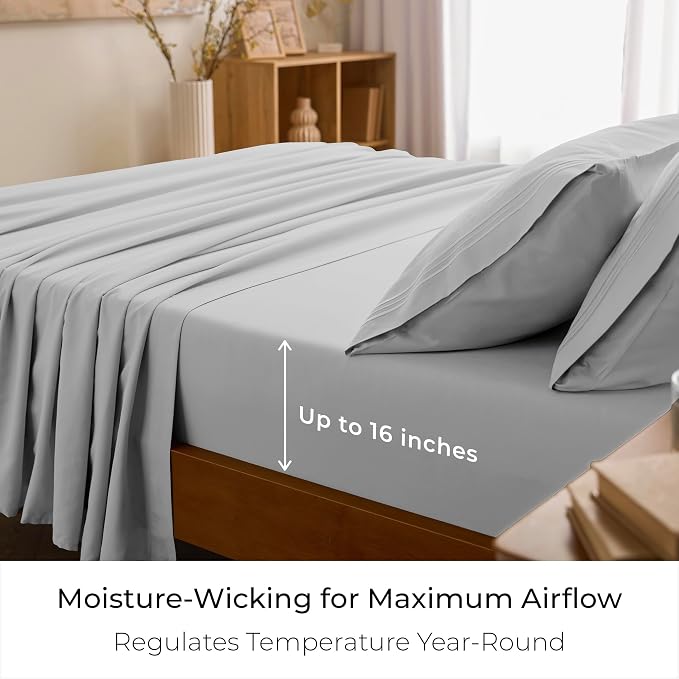 Mellanni Iconic 3-Piece Microfiber Sheet Set (Twin XL, Light Gray) | Double-brushed softness; breathable comfort; 16-in deep pocket; machine washable; OEKO-TEX(R) certified; Lifetime Promise