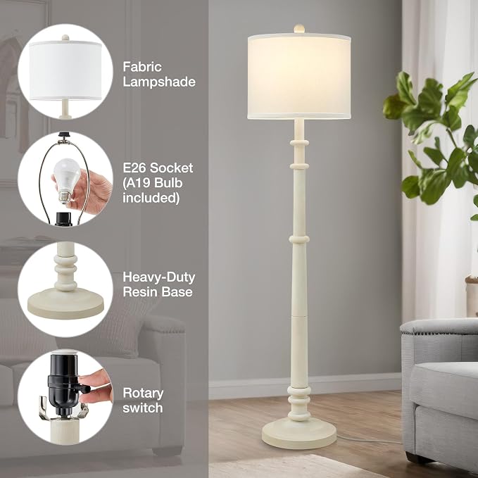 Floor Lamps for Living Room - 60" Farmhouse Floor Lamp with Adjustable Color Temperatures - Vintage Standing Lamp Reading Light with Linen Shade Retro Tall Lamp for Bedroom Office, Almond White
