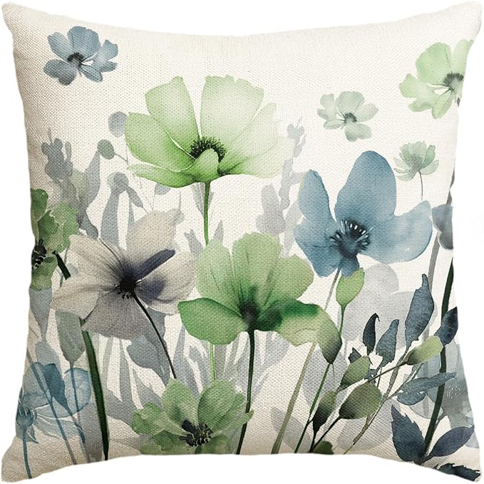 AVOIN colorlife Poppy Flowers Chinoiserie Throw Pillow Cover 18x18 Inch | Blue Sage Green Seasonal Leaves Cushion Case Decoration for Sofa Couch Farmhouse
