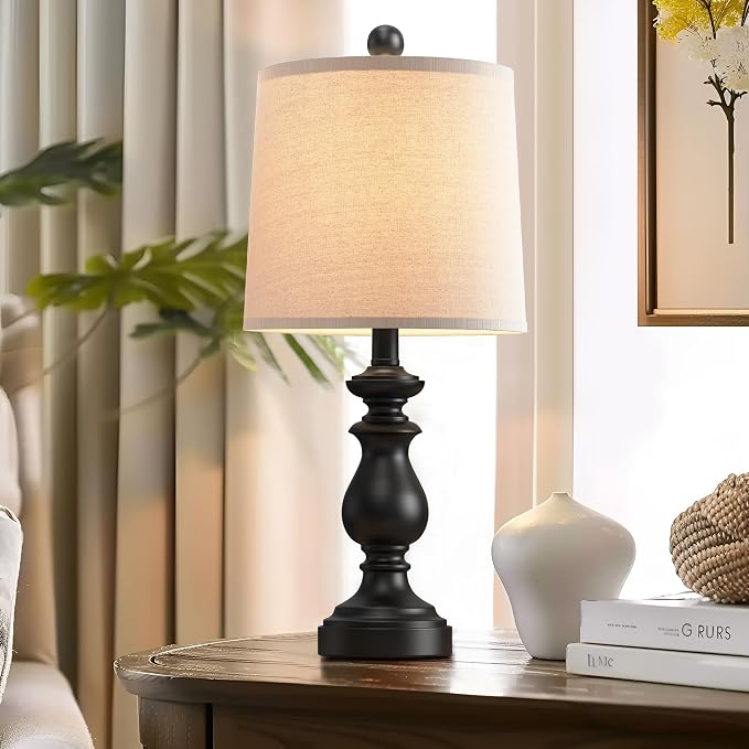 Traditional Table Lamp Set of 2, Rustic Farmhouse Table Lamps for Living Room Bedroom, 22" Bedside Desk Lamps Vintage Nightstand Lamps with Linen Shades, Black