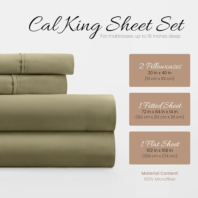 Linen Market Bed Sheets for California King Size Bed (Sage) - Sleep Better Than Ever with These Soft and Cooling California King Sheets - Deep Pocket Fits 16" Thick Beds - 4 Piece Cal King Sheet Set