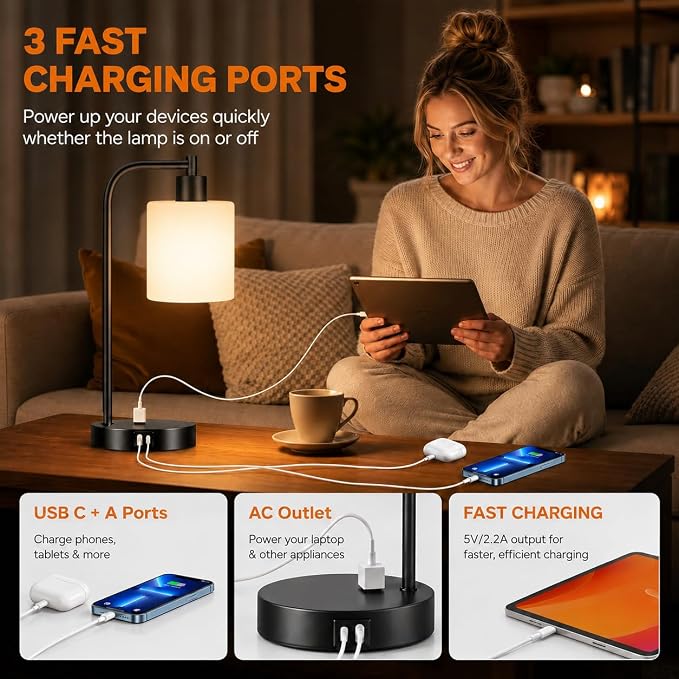 Set of 2 Industrial Touch Control Table Lamps with 2 USB Ports and AC Outlet - 3-Way Dimmable Black Bedside Lamp Nightstand Desk Lamps for Bedroom Living Room, Opal Glass Shade & 2 LED Bulbs Included