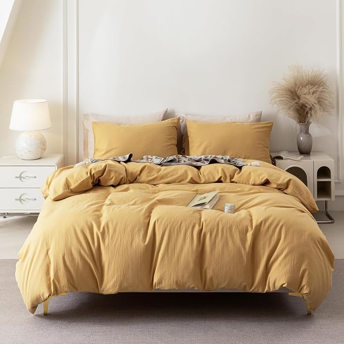 BDEAR 3Pcs Ginger Yellow Duvet Cover Set King Size 104" W x 90" L, Oeko TEX | 100% Washed Cotton, 1 Duvet Cover with 2 Pillowcases, Zipper Closure, 8 Corner Ties,Linen-Liked Texture, Skin Friendly