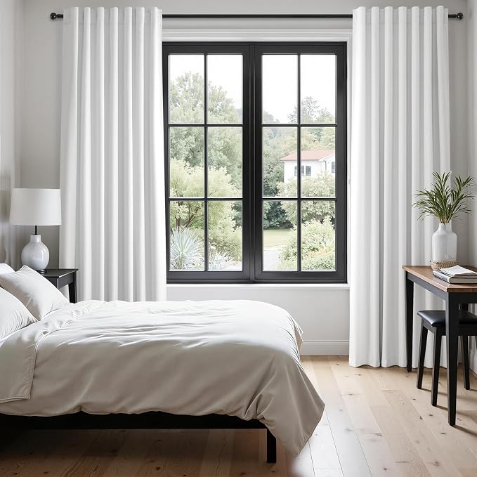 Topfinel White Black Out Curtains 63 Inch Long for Bedroom Rings Hooks Back Tab Thermal Insulated Short Linen Blackout Drapes Farmhouse Living Room Darkening Kitchen Curtains 52Wx63L