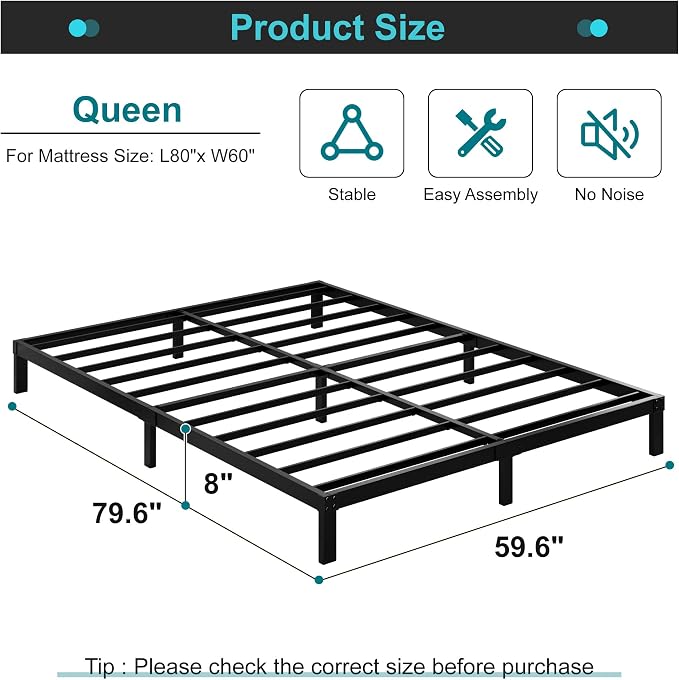 Maenizi 8 Inch Bed Frame Queen Size, Queen Platform Metal Bed Frame | No Box Spring Needed, Heavy Duty Support Up to 3000 lbs, Easy Assembly, Noise Free, Black