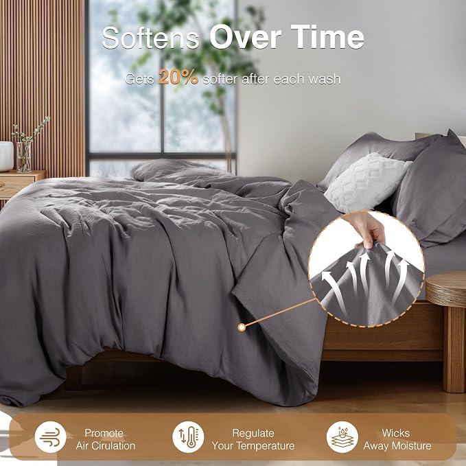 SONORO KATE 100% French Linen Full Duvet Cover Set,Zipper Closure,3PC | Natural French Flax,Soft Breathable for Hot Sleepers,Moisture Wicking & Durable,4 Corner Ties,Dark Grey