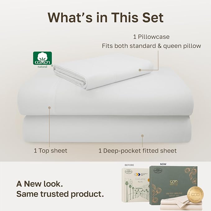 California Design Den 600 Thread Count Twin Bed Sheets Cotton Set | 100% Cotton Sateen Backed by Good Housekeeping Seal, Soft & Smooth, All-Around Elastic, Durable, 3 Pc - Antique Ivory Mist