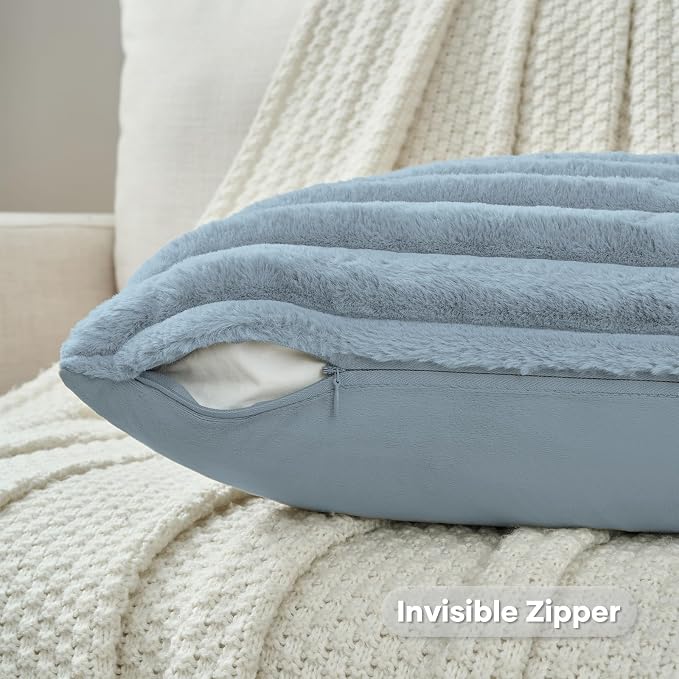 FUTEI Pack of 2 Faux Fur Throw Pillow Covers 24x24 Inch, Dusty Blue | Fluffy Faux Rabbit Fur Front/Premium Velvet Back,Hidden Zipper,Machine Washable,Non-Shedding,Colorfast,Insert Not Included.