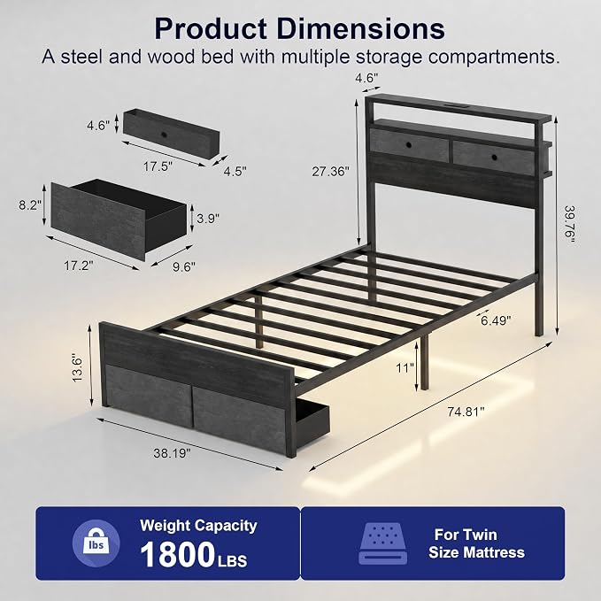 Twin Bed Frames with Storage Drawer, Platform Bed with Charging Station and LED Lights, Upholstered Headboard with 2-Tier Storage Shelves, No Box Spring Needed