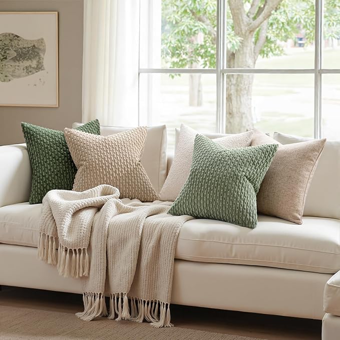 MIULEE Euro Sham Decorative Throw Pillow Covers 24x24 Sage Green Corduroy | Textured Striped Pack of 2 Striped Pillow Covers Modern Farmhouse Home Decor for Couch Bed Sofa Living Room