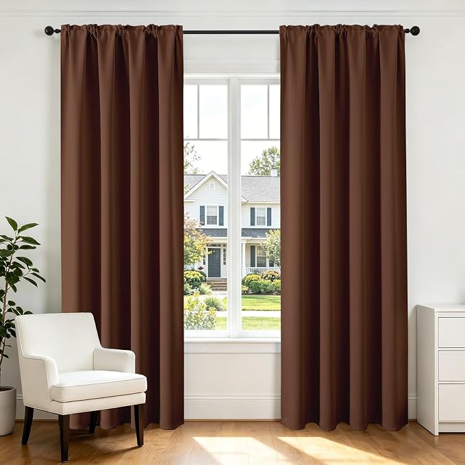 CUCRAF Brown Blackout Curtains 63 inch Length 2 Panels Set, Rod Pocket Room Darkening Drapes for Bedroom Living Room, Insulated Thermal Light Blocking Window Curtain (W52 x L63 Inch)