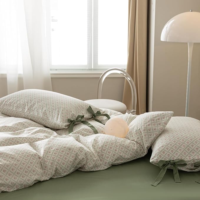 mixinni Red Floral Duvet Cover Set Full Size - 100% Cotton Green Grid Bedding with Bow Ties, 3PC Cottagecore Comforter Cover (1 Duvet Cover + 2 Pillowcases) Vintage Garden Style Soft Aesthetic