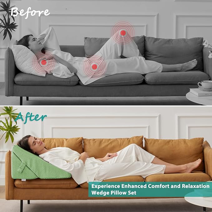 Wedge Pillow for Sleeping, Adjustable 9&12 Inch Foldable Bed Wedge Pillow Set, Orthopedic Memory Foam Triangle Pillows Wedge, 7-in-1 Elevated Pillows for Leg and Back Support, Green